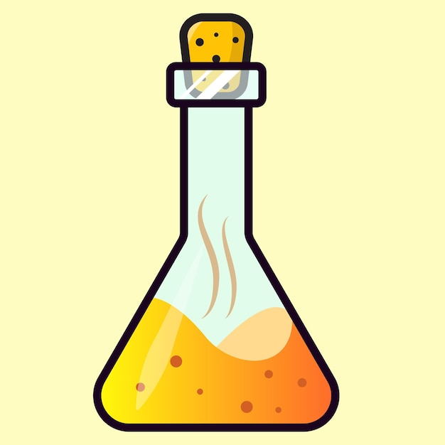 Poción amarilla mágica o elixir en botella de química de vidrio redondeado