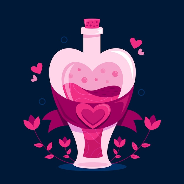 Vector poción de amor de diseño plano con flores