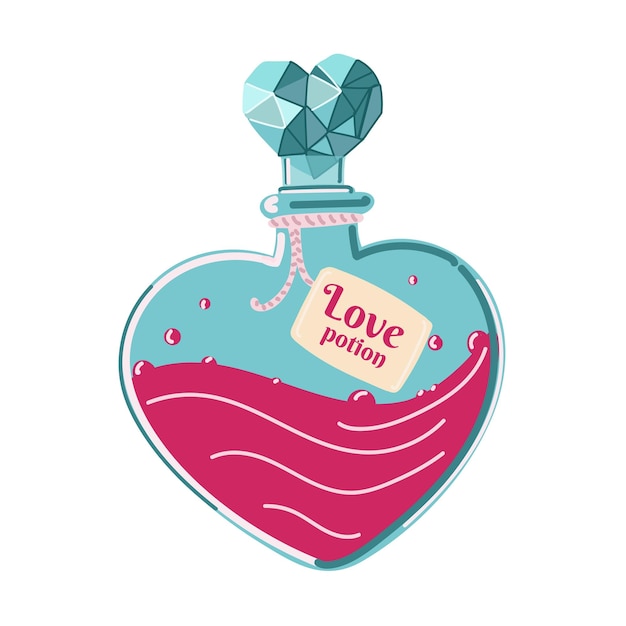 poción de amor. RPG fantasía mágica hechizo corazón elixir. Bombilla de vidrio químico, líquido rosa.