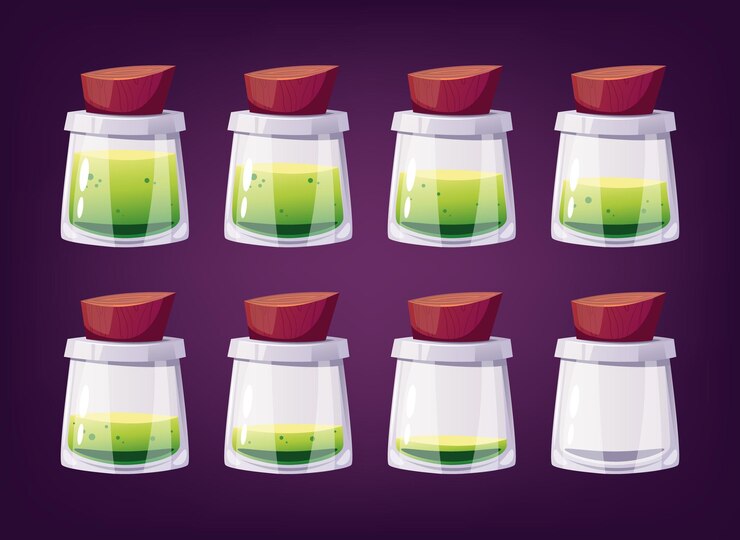 Vector poción elixir botella matraz veneno lleno y vacío etapa cargada pasos geme ui concepto conjunto