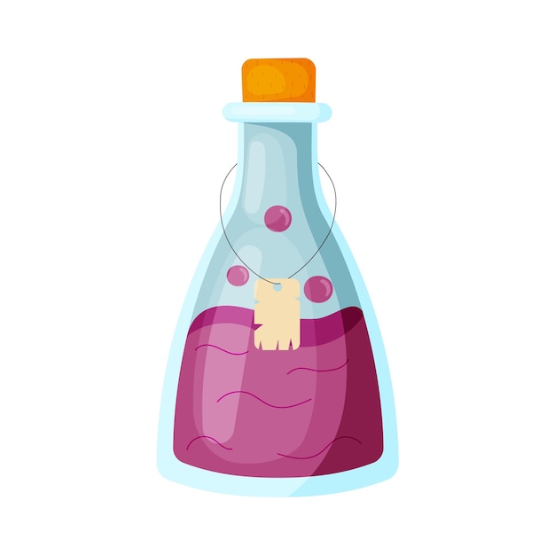 Poción mágica púrpura en una botella de vidrio con un tapón estilo plano aislado en fondo blanco Vector
