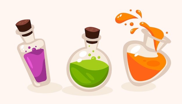 Pociones en botellas de vidrio de diferentes formas. Pociones de Halloween coloridas