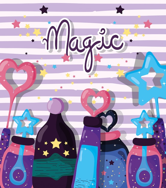 Pociones mágicas con efecto misterioso y estrellas.