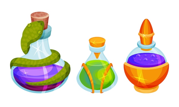 Pociones mágicas y elixires con líquidos coloridos vertidos en botellas de vidrio de formas extravagantes