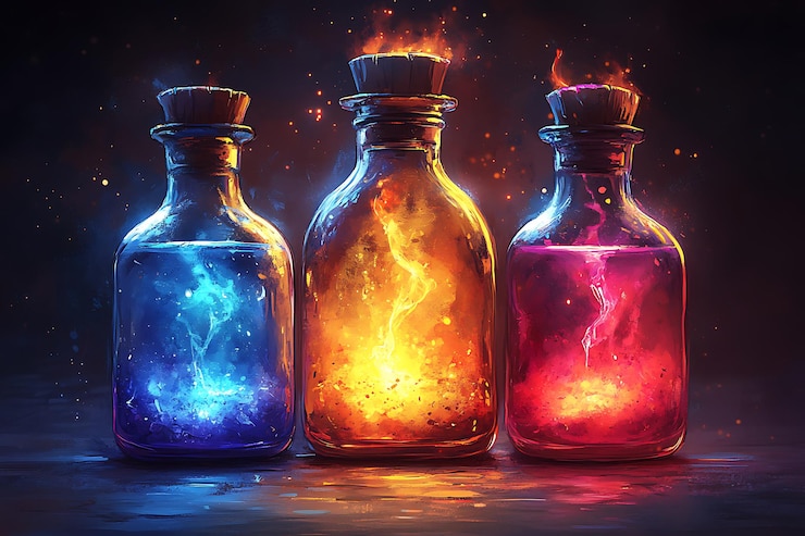 Vector pociones místicas coloridas que brillan en un espacio oscuro con patrones cósmicos giratorios y puntas etéreas