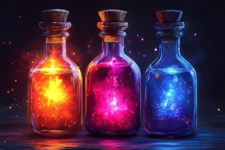 Vector pociones místicas coloridas que brillan en un espacio oscuro con patrones cósmicos giratorios y puntas etéreas