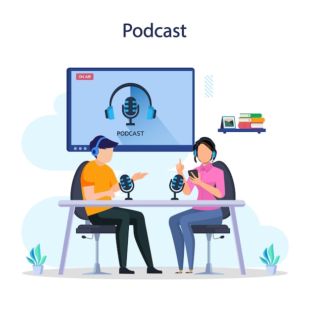 Podcast audio radio concepto vector ilustración Personas planas con micrófono