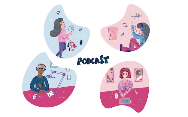 Podcast concepto plano diseño de tarjetas de color vectorial