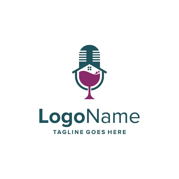 Podcast con copa de vino y casa diseño de logotipo moderno geométrico creativo elegante simple