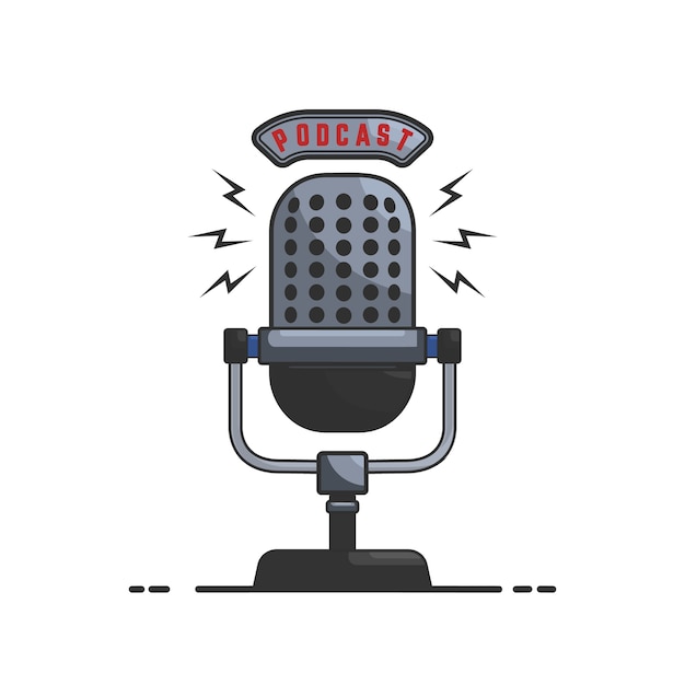 Podcast. Ilustración de micrófono en estilo sobre fondo blanco. elemento de emblema, letrero, volante, tarjeta, banner. imagen