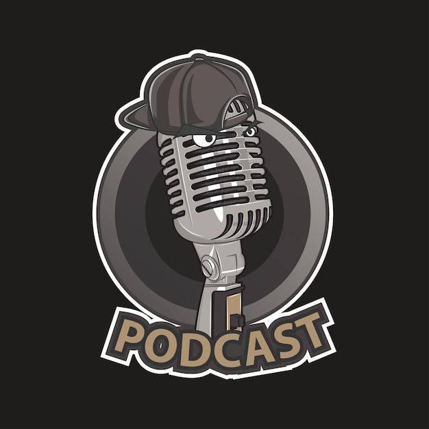Podcast logo vector ilustración diseño micrófono con sombrero