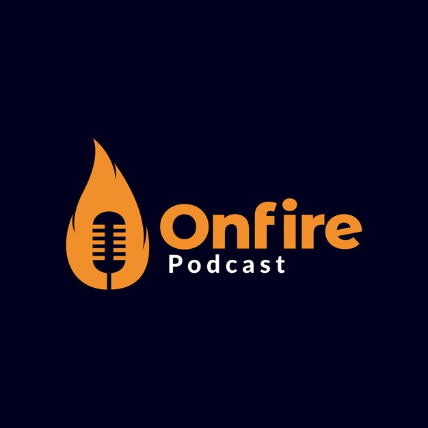 Podcast de micrófono con diseño de logotipo de llama de fuego símbolo gráfico vectorial icono signo ilustración creativa
