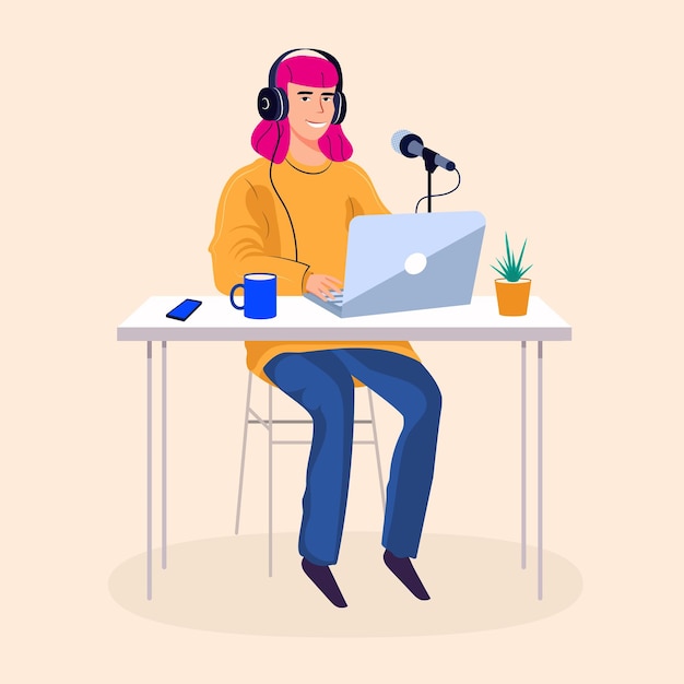 Vector podcast mujer estilo de dibujos animados ilustración vectorial 10 eps