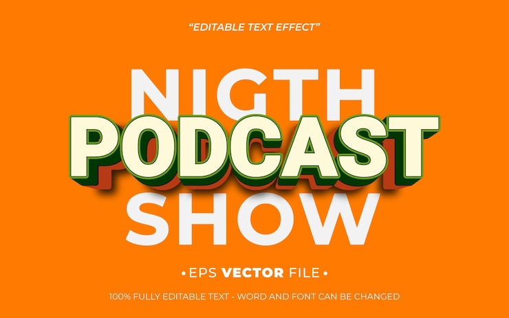Vector podcast nocturno muestra el efecto de texto 3d vector editable