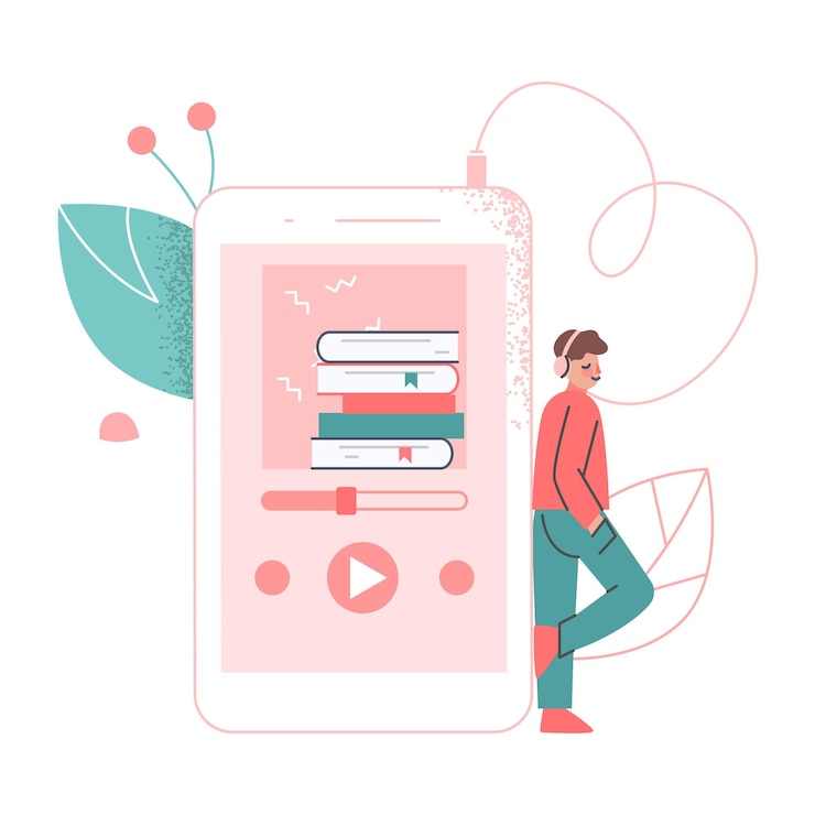 Vector podcast o serie episódica hablada escuchar con personaje masculino en auriculares y enorme dispositivo de reproducción ilustración vectorial