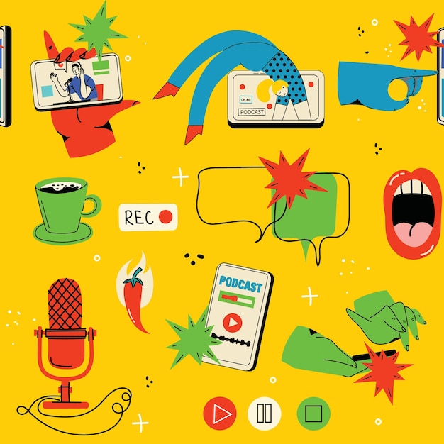 Podcast de patrones sin fisuras Fondo para blogs, vlogging y transmisión en vivo Impresión dibujada a mano con elementos de podcast, auriculares, burbujas de voz, micrófono