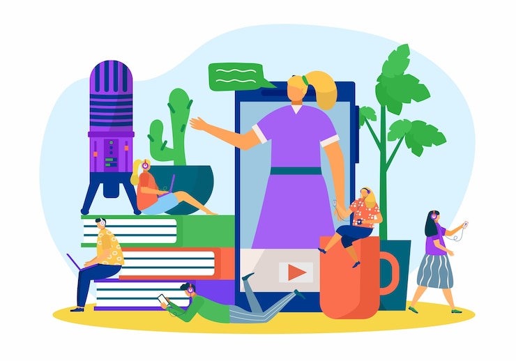Vector podcast de personas en línea con tecnología de teléfonos inteligentes