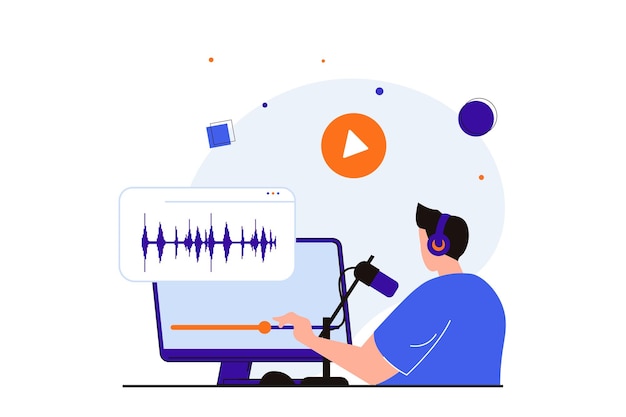 Podcast streaming concepto plano moderno para diseño de banner web Hombre en auriculares graba podcast