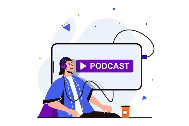 Podcast streaming concepto plano moderno para diseño de banner web mujer en auriculares disfruta de su favorito