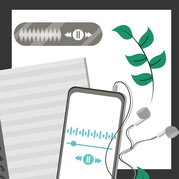Vector podcast teléfono y auriculares con bloc de notas