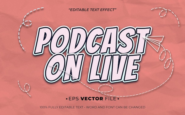 Podcast en vivo efecto de texto 3D vector editable