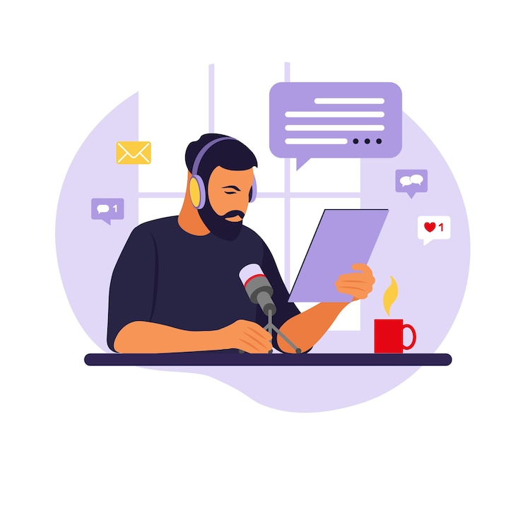 Vector podcaster masculino hablando con podcast de grabación de micrófono en estudio. locutor de radio con mesa plana.