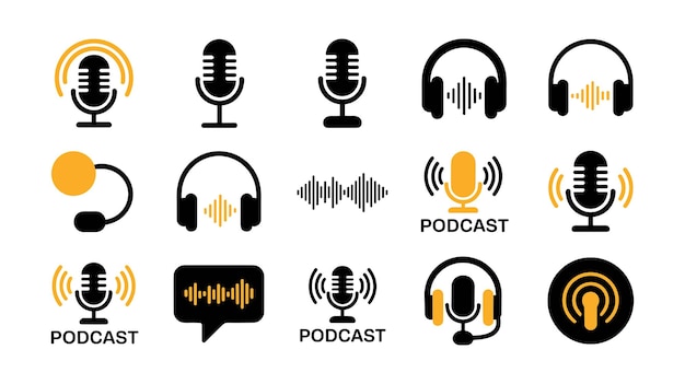 Podcasting Símbolos Una colección de símbolos icónicos representa el podcasting Cada ilustración se hace