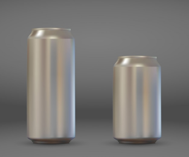 Poder de aluminio en blanco realista 3d. maqueta metálica de cerveza o soda.