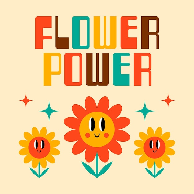 Poder de la flor del lema maravilloso retro. impresión de moda para camiseta gráfica con personajes de dibujos animados de flores