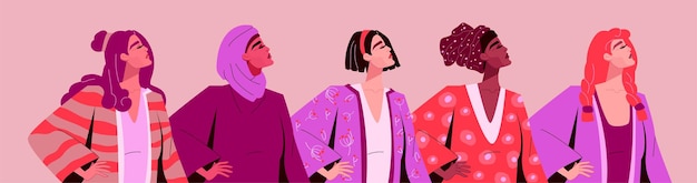 Poder de la mujer día internacional día festivo de la niña fuerte dama con cabello y ropa nacional protesta por la igualdad de derechos comunidad de apoyo posturas femeninas hermandad y feminismo ilustración vectorial