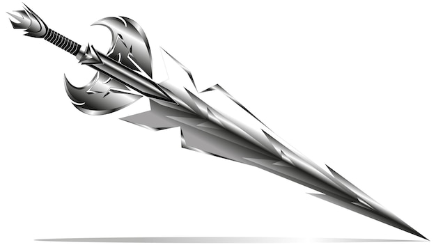 La poderosa espada de acero afilada hecha del frío acero del meteorito es admirable.