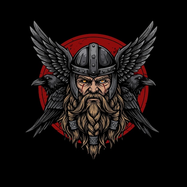 Una poderosa ilustración representa una cabeza de guerrero vikingo adornada con un casco larga barba trenzada y flanqueada por cuervos con alas extendidas