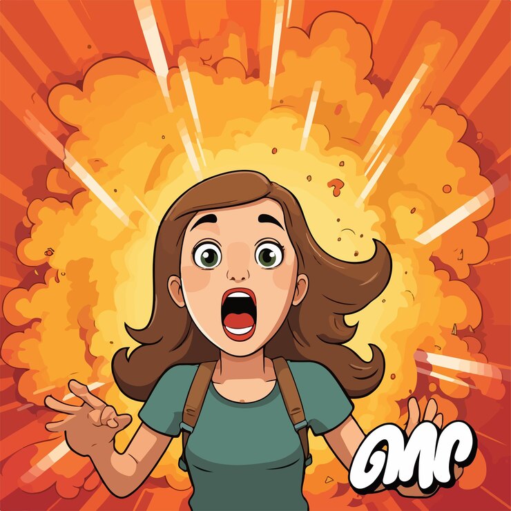 Vector poderosa palabra de omg en el fondo de la explosión con dibujos animados de chicas