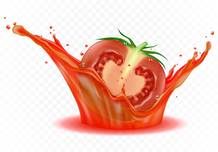 Vector un poderoso chorrito de jugo de tomate fresco con tomate en rodajas como elemento de anuncio de producto alimenticio o bebida, ilustración 3d