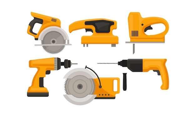 Vector poderoso instrumento industrial para la construcción y la reparación de trabajo conjunto de ilustración vectorial aislado en