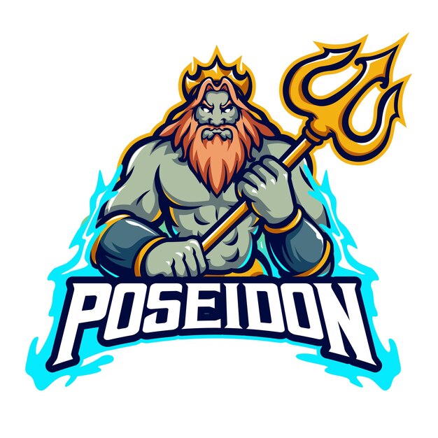 Poderoso logotipo de la mascota de Poseidón Dios griego del mar Ilustración