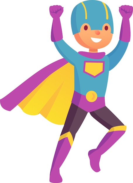 Poderoso niño superhéroe con un traje colorido con capa y máscara volando y levantando los puños celebrando la victoria y mostrando fuerza con una expresión alegre