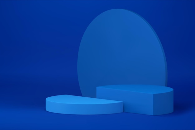 Podio 3d azul con fondo de pared circular para presentación comercial de productos ilustración vectorial realista Moda moderna sala de exposición de pedestal geométrico interior vacío promoción de venta de compras de moda