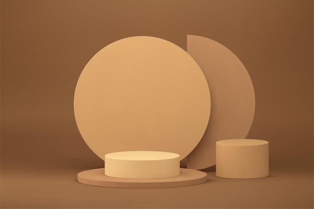 Podio 3d beige escaparate estético minimalista para presentación comercial de productos ilustración vectorial Soporte de publicidad en colores pastel realista pedestal circular con pantalla de fondo de pared redonda