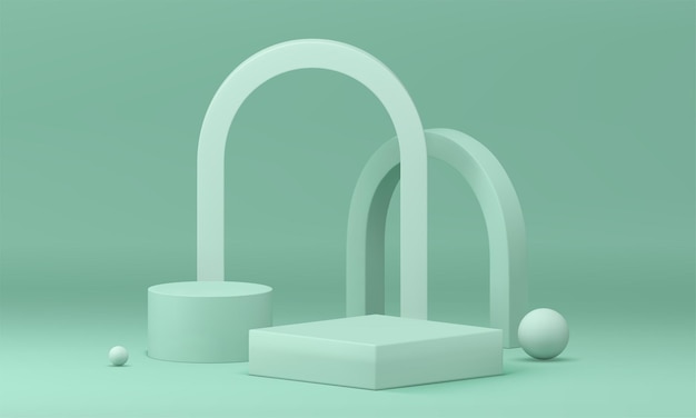 Podio 3D de color verde pastel con fondo de pared de arco geométrico para mostrar una ilustración vectorial realista