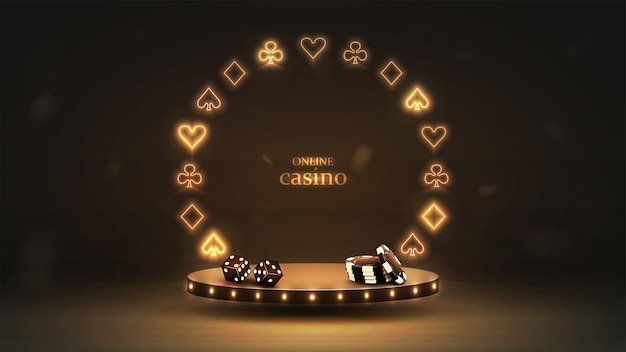 Podio 3d en negro y dorado con un marco de juegos de cartas Una plataforma con dados y fichas de póquer Fondo de casino