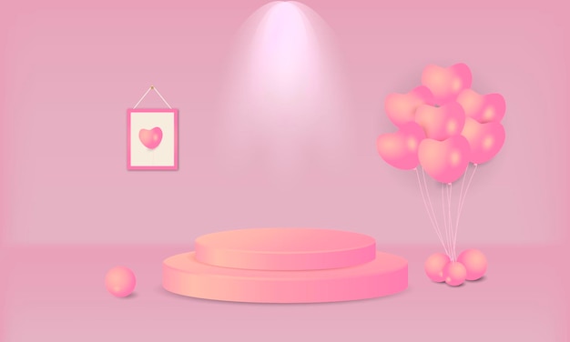 Podio 3D realista simple y globos de corazón fondo de pared rosa femenino