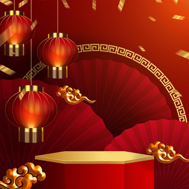 Podio 3d redondo, podio de escenario de caja cuadrada y arte en papel Año nuevo chino, festivales chinos, Festival del Medio Otoño, corte de papel rojo, abanico, flor y elementos asiáticos con estilo artesanal en el fondo.