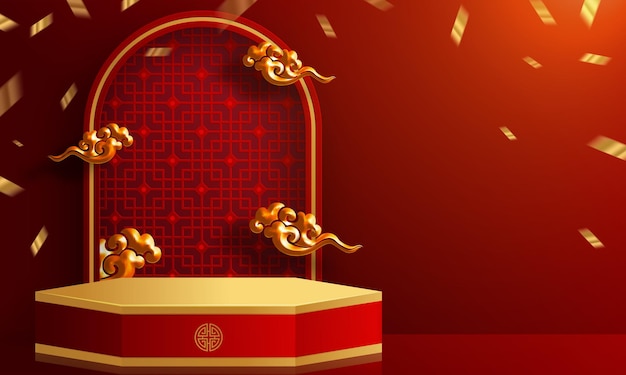 Podio 3d redondo, podio de escenario de caja cuadrada y arte en papel año nuevo chino, festivales chinos, festival del medio otoño, corte de papel rojo, abanico, flor y elementos asiáticos con estilo artesanal en el fondo.