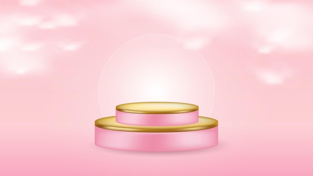 Podio 3d rosa y dorado con nubes Exhibición de productos con luz suave Plataforma de lujo minimalista