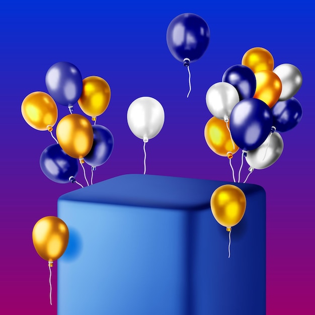Podio azul 3D con globos metálicos