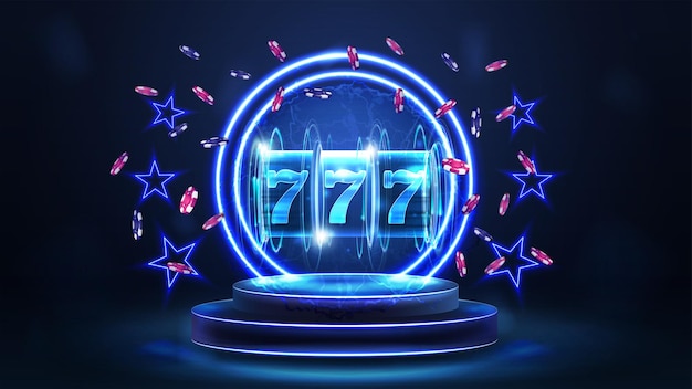 Podio azul de ganadores con anillos de neón azul, estrellas de neón, tragamonedas con jackpot y fichas de póquer en escena azul oscuro