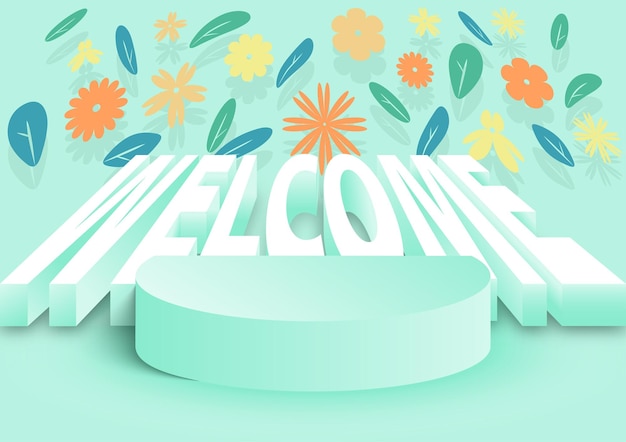 Podio de bienvenida de papercut y fondo floral carteles de papel de estilo artesanal digital vector 017