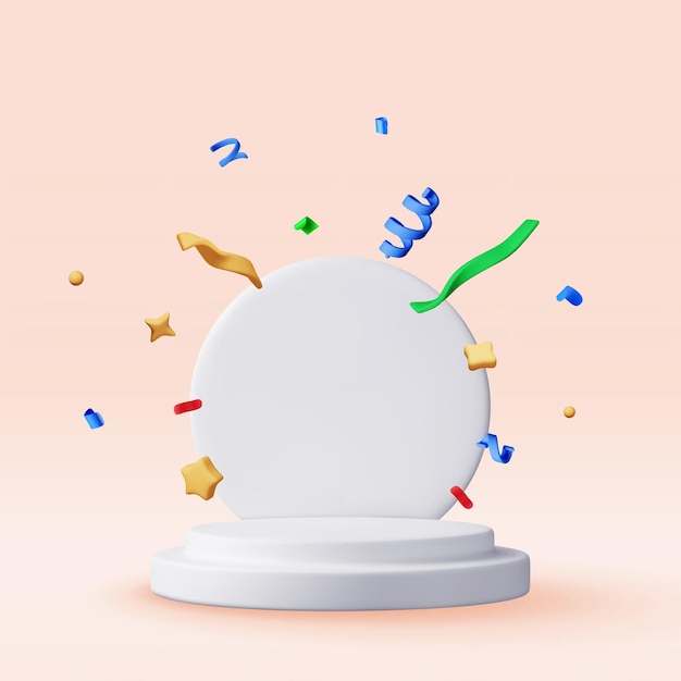 Podio blanco 3D con confeti aislado