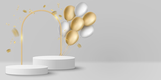 Podio blanco 3D con confeti que cae y globos festivos voladores Pedestal con arco dorado brillante para exhibir regalo de cumpleaños Ilustración vectorial